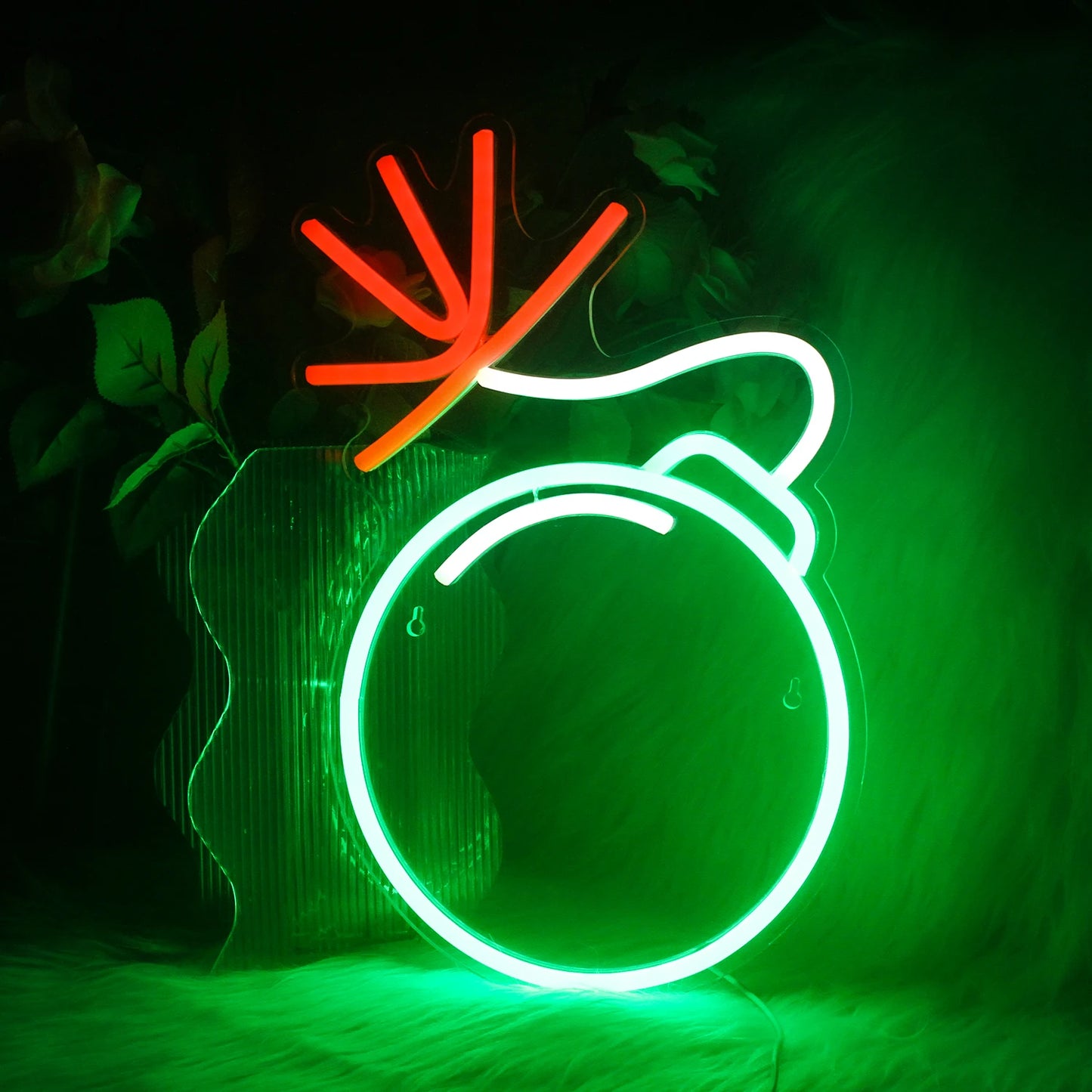 Uma vibrante placa de LED neon verde com letras cursivas em negrito que formam uma palavra ou frase inspiradora.