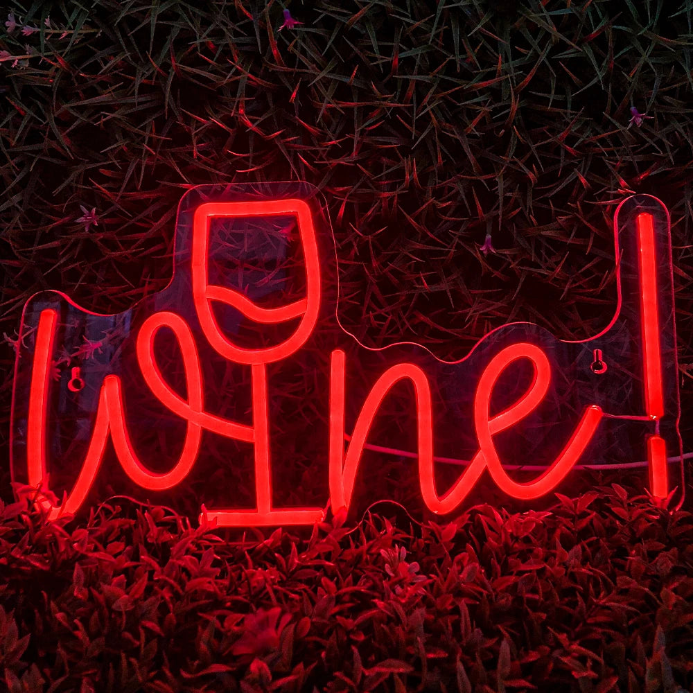 Uma vibrante placa de LED neon brilhando em um rico tom bordô, moldando a palavra "Wine" em uma escrita elegante e fluida.