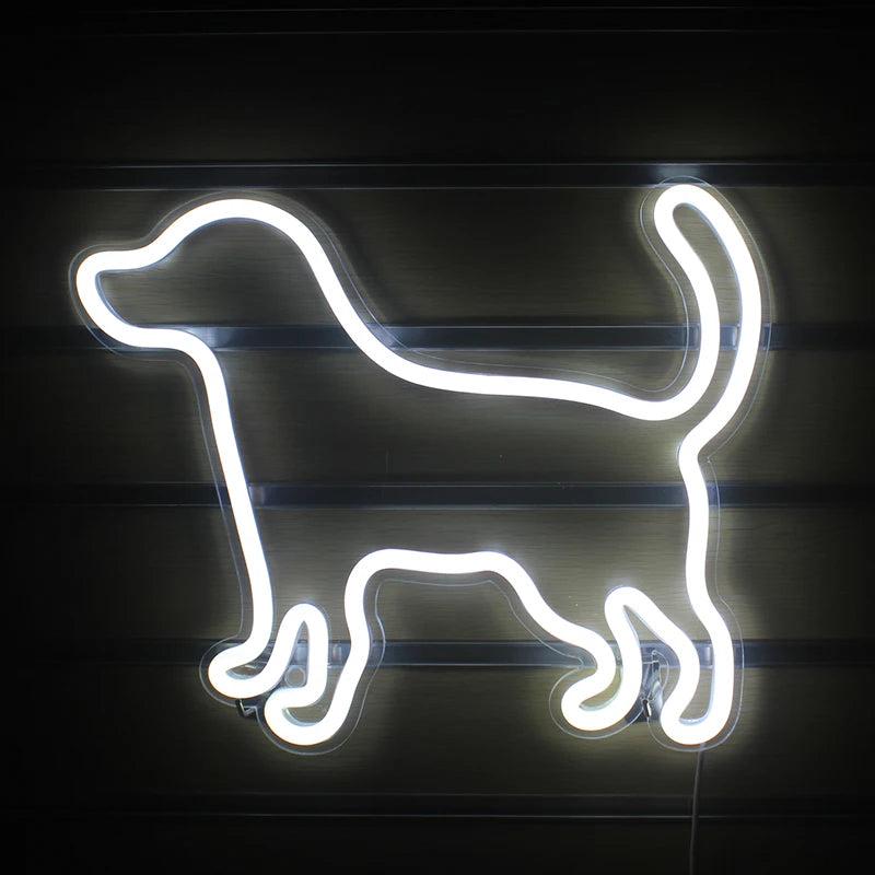 Um letreiro de LED neon vibrante em formato de um cachorrinho brincalhão.