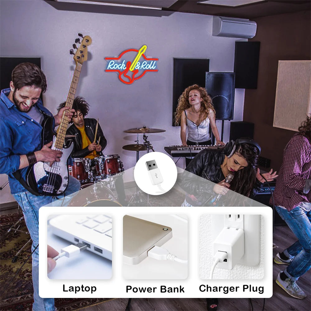Letreiro de LED de Guitarra Rock and Roll 5V USB - Econômico