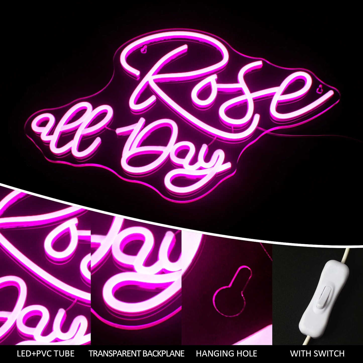 Letreiro de LED Rosa All Day 5V USB - Econômico