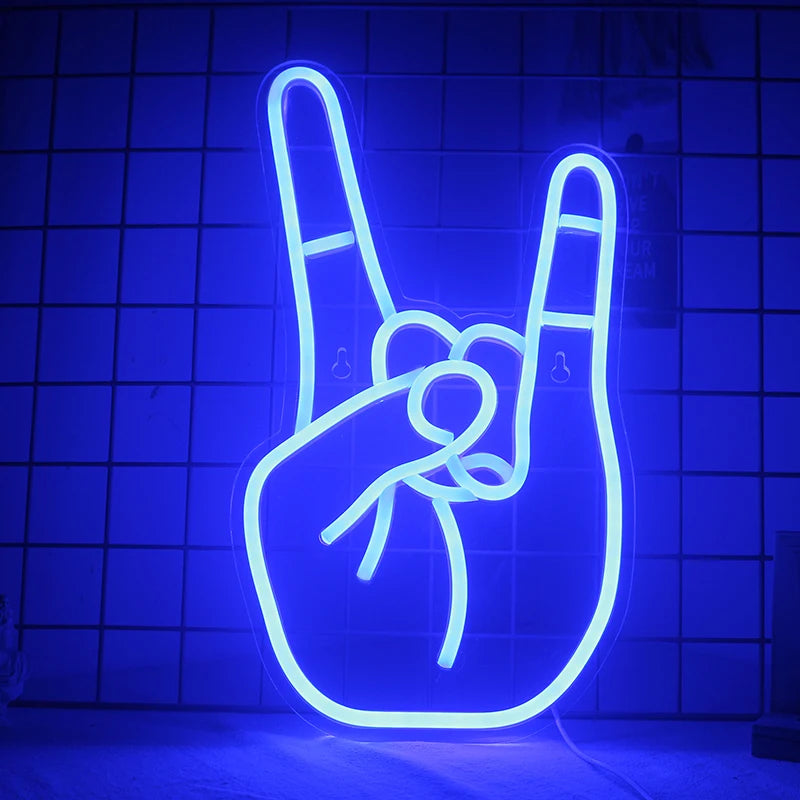 Imagem mostrando um letreiro de LED neon vibrante no formato de um gesto de paz.