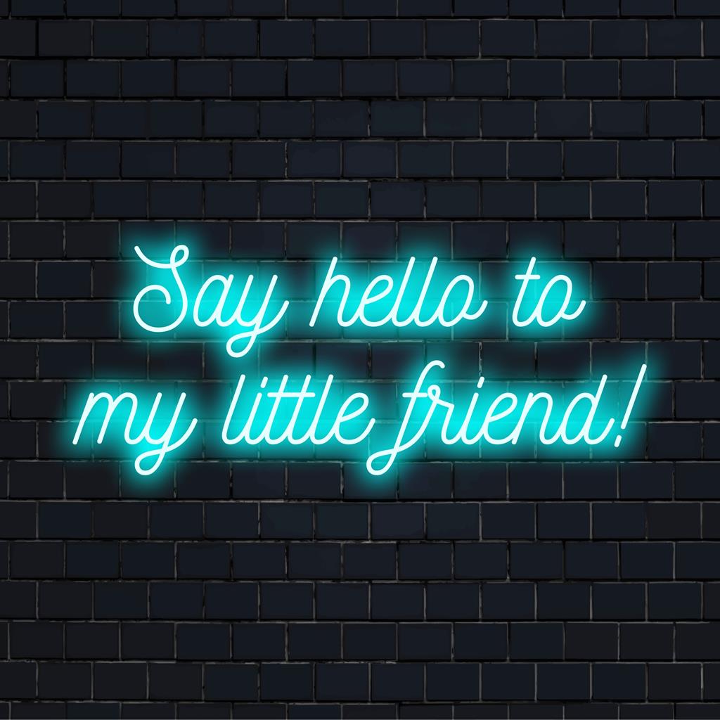 Placa de LED neon personalizada com a frase "Diga Olá ao Meu Amiguinho!", perfeita para dar um toque lúdico a qualquer ambiente.