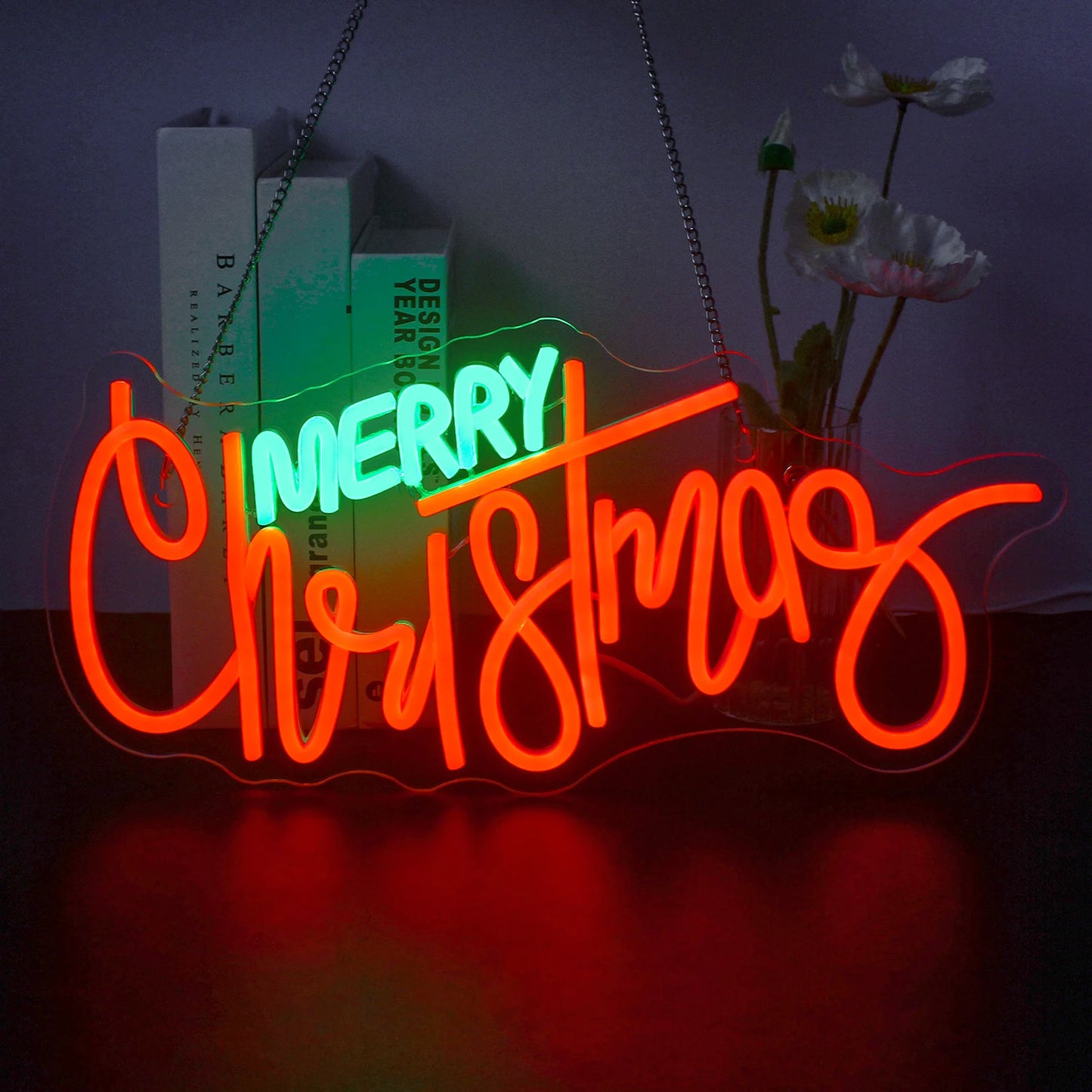Uma vibrante placa de LED neon exibindo a frase festiva "Feliz Natal" em uma escrita elegante e fluida.