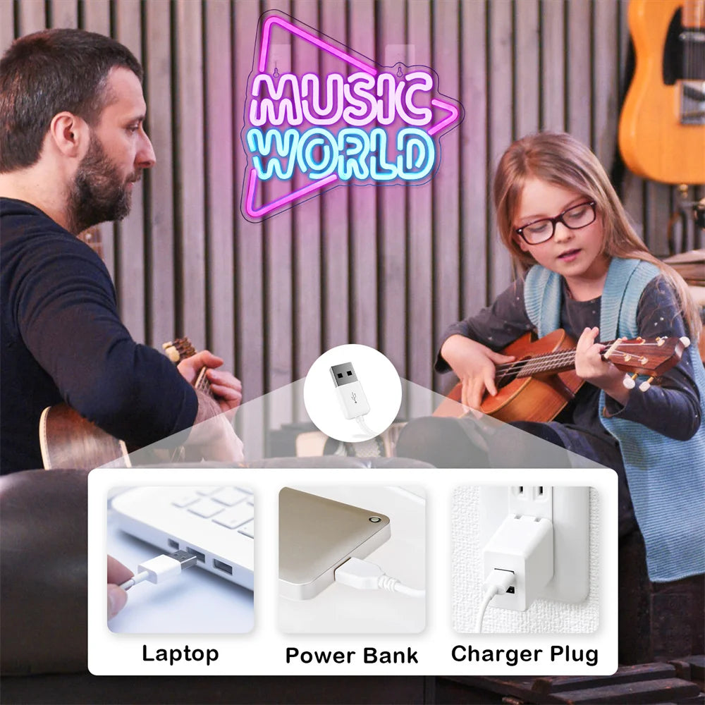 Letreiro de LED Music World 5V USB - Econômico