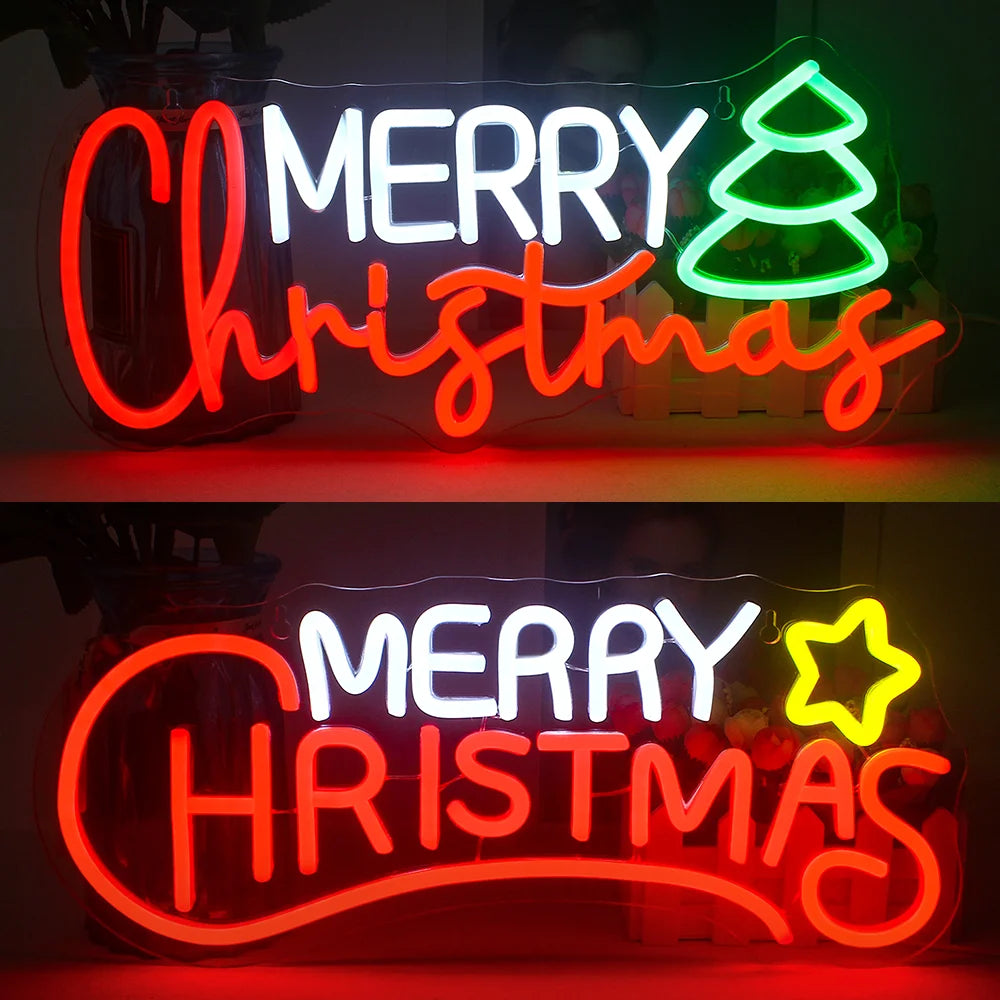 A imagem mostra uma vibrante placa de LED neon com os dizeres "Feliz Natal" montada em uma parede simples.