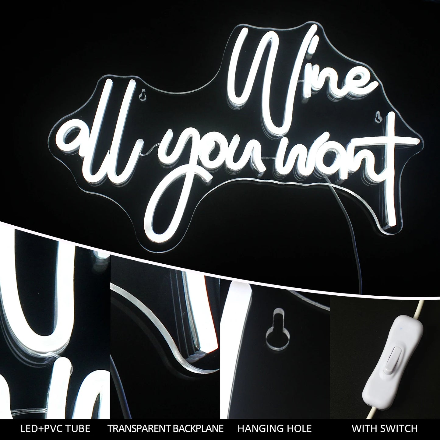 Letreiro de LED USB 5V "Wine All You Want" - Econômico