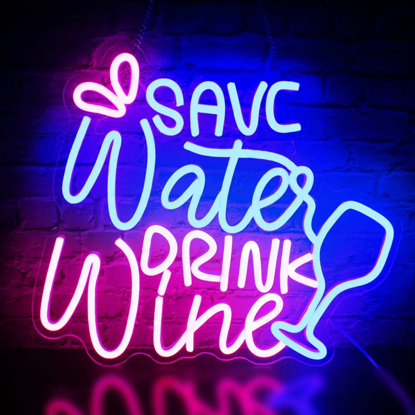 A imagem apresenta uma vibrante placa de LED neon exibindo a frase "Economize Água, Beba Vinho" em uma fonte estilosa e divertida.