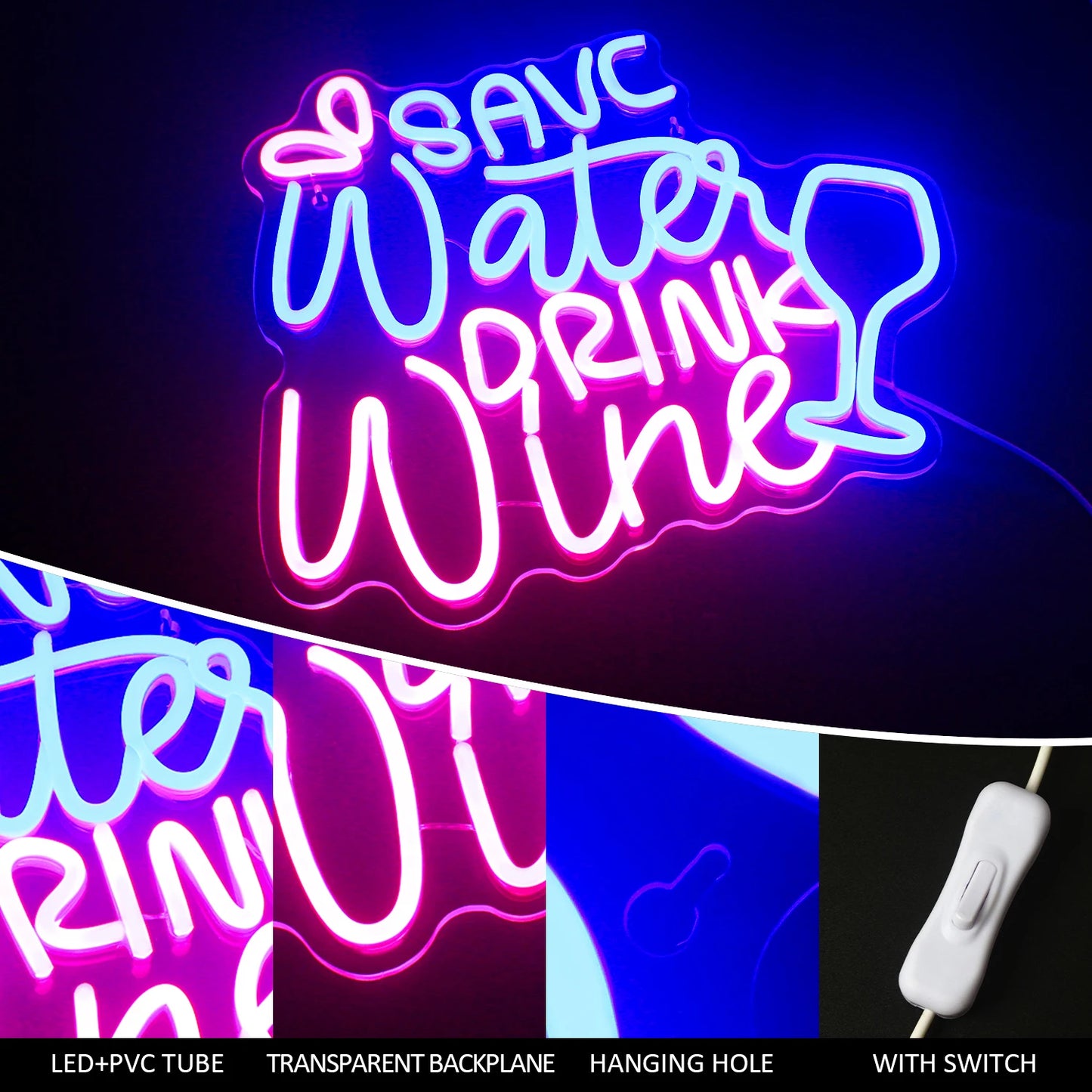 Economize Água Beba Vinho 5V USB Letreiro de LED - Econômico