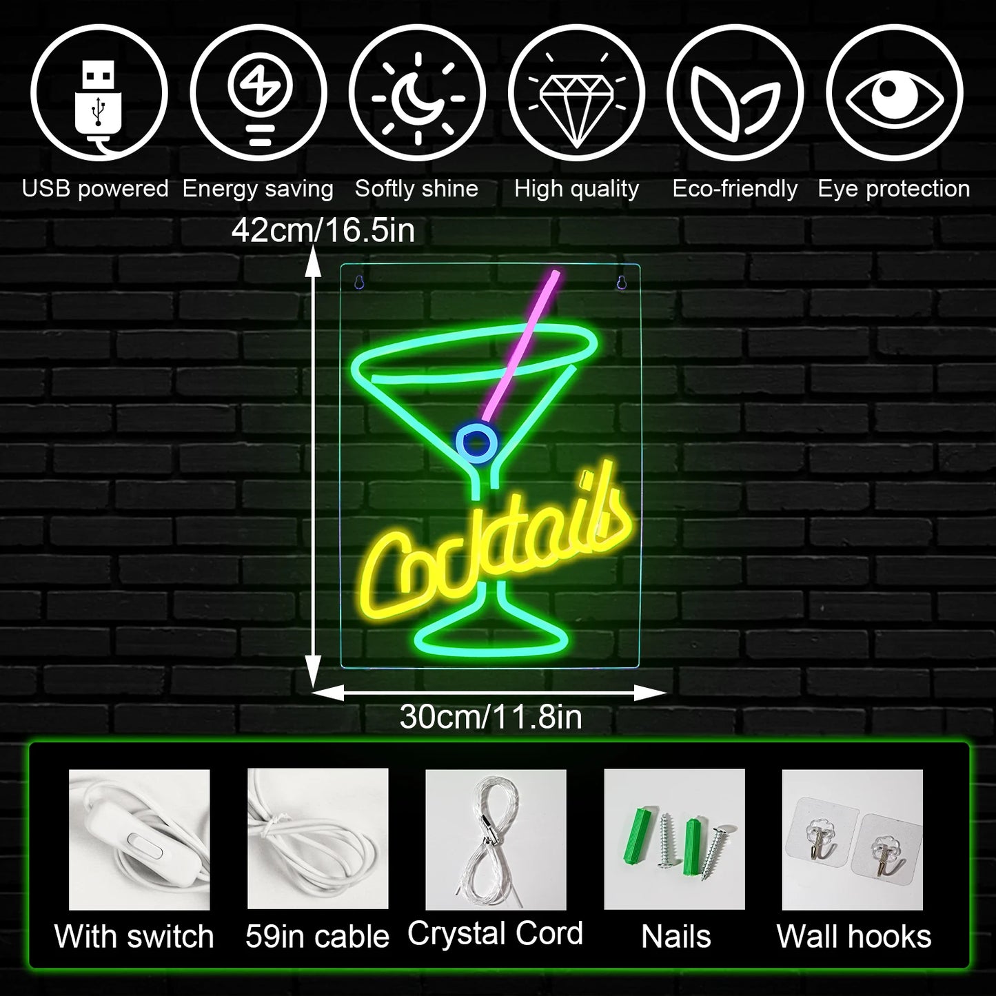 Letreiro de LED Verde Cocktails 5V USB - Econômico