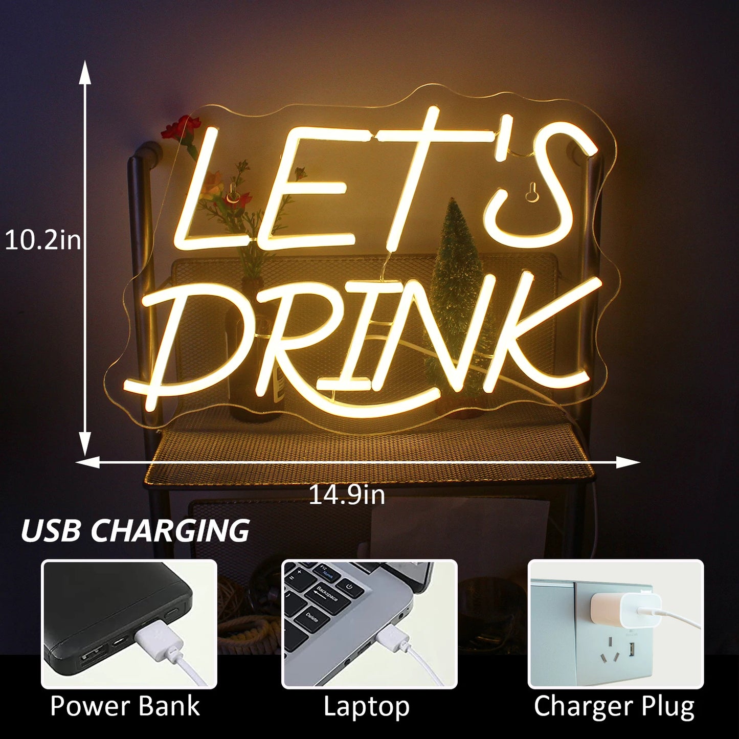 Letreiro de LED "Let's Drink" USB 5V - Econômico