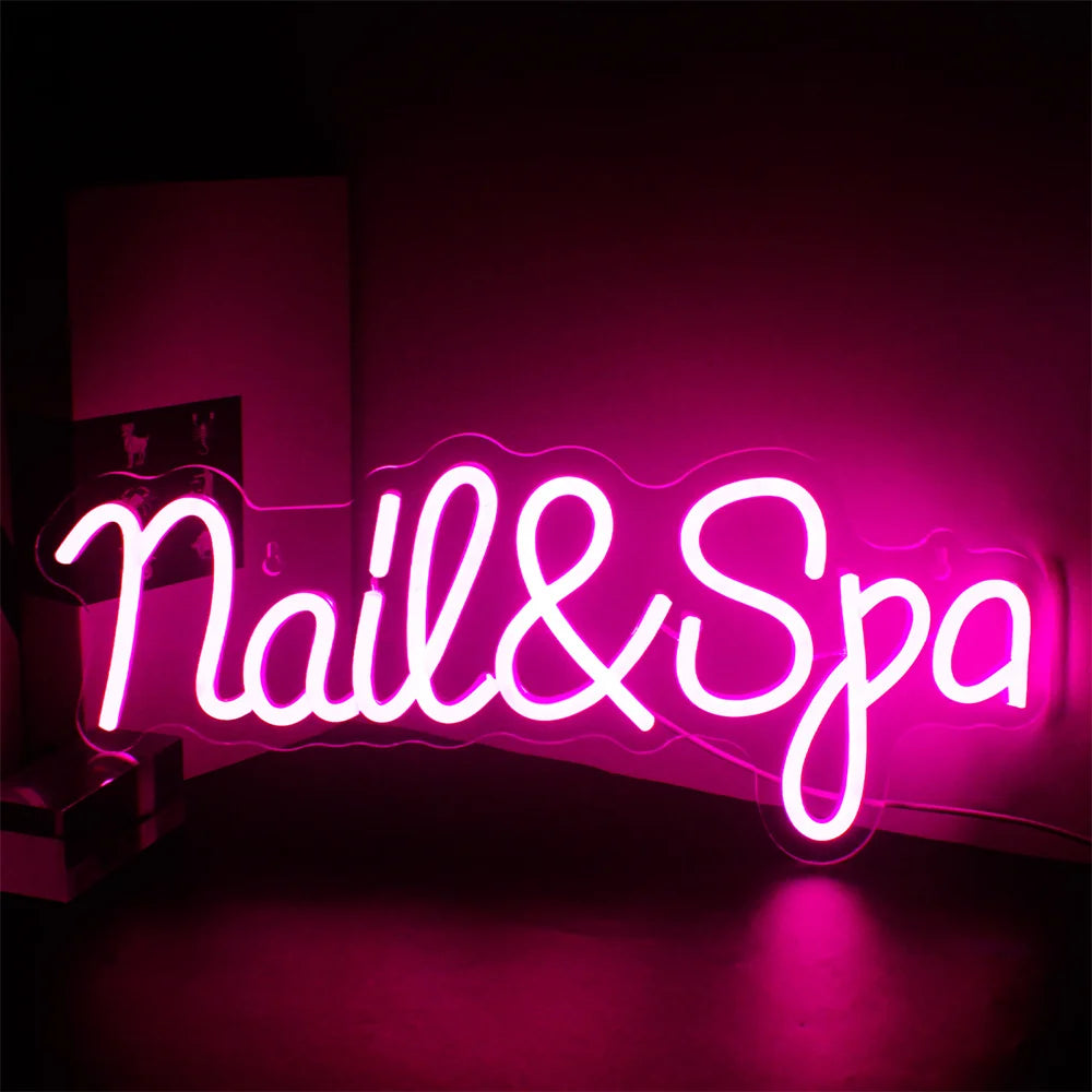 A imagem mostra um letreiro de LED neon vibrante projetado para um spa de unhas.
