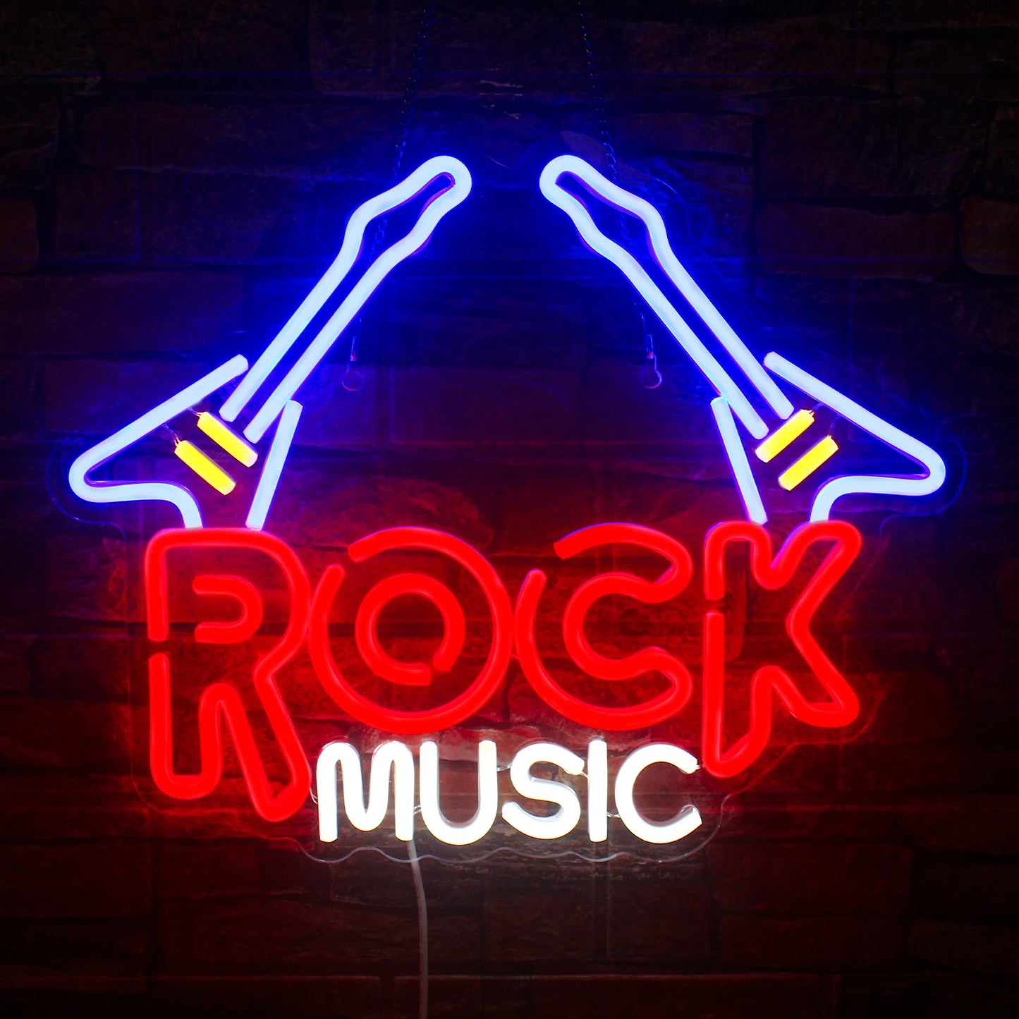 A imagem exibe um vibrante letreiro de LED neon em forma de guitarra de rock, com uma guitarra elétrica estilizada contornada em cores neon brilhantes.
