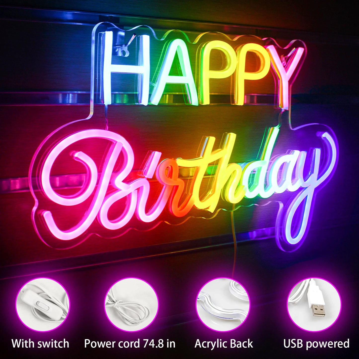 Letreiro de LED "Feliz Aniversário" Colorido 5V USB - Econômico