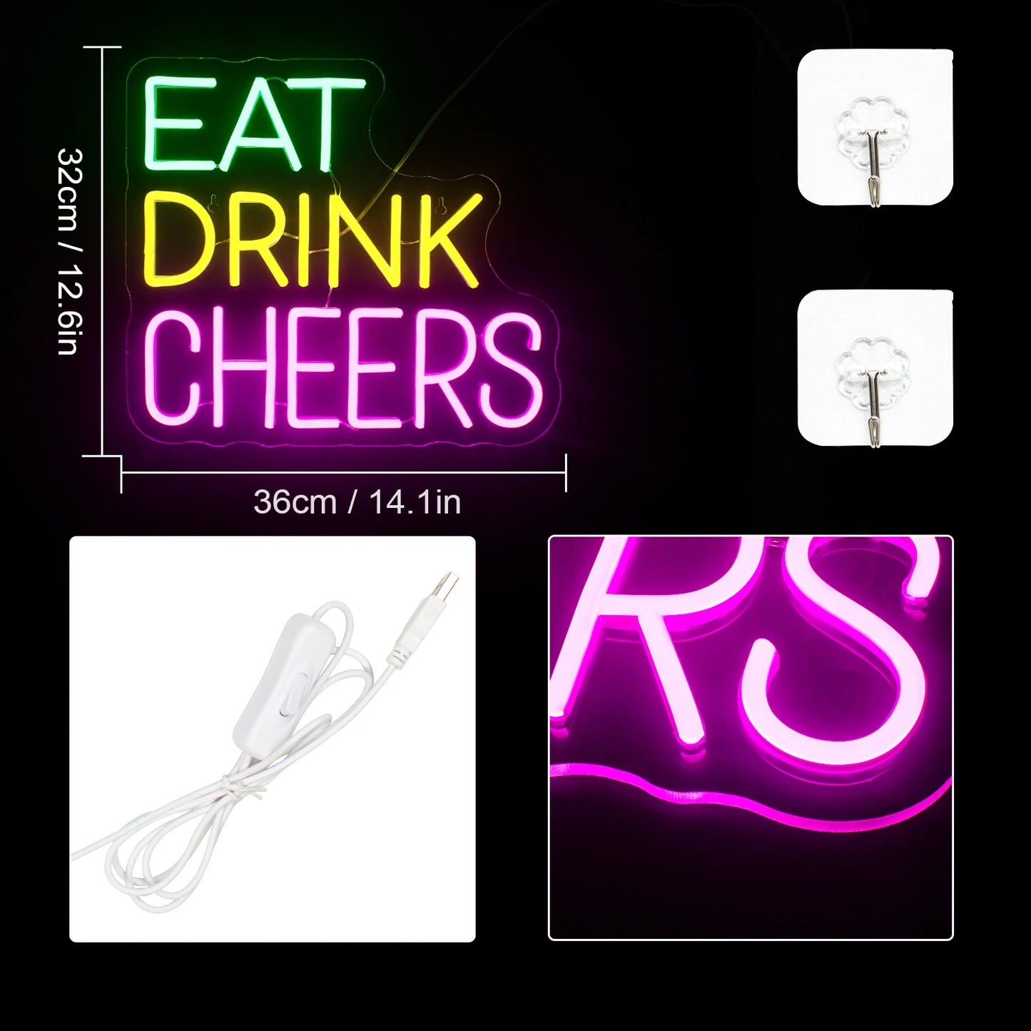 Letreiro de LED "Eat Drink Cheers" 5V USB - Econômico