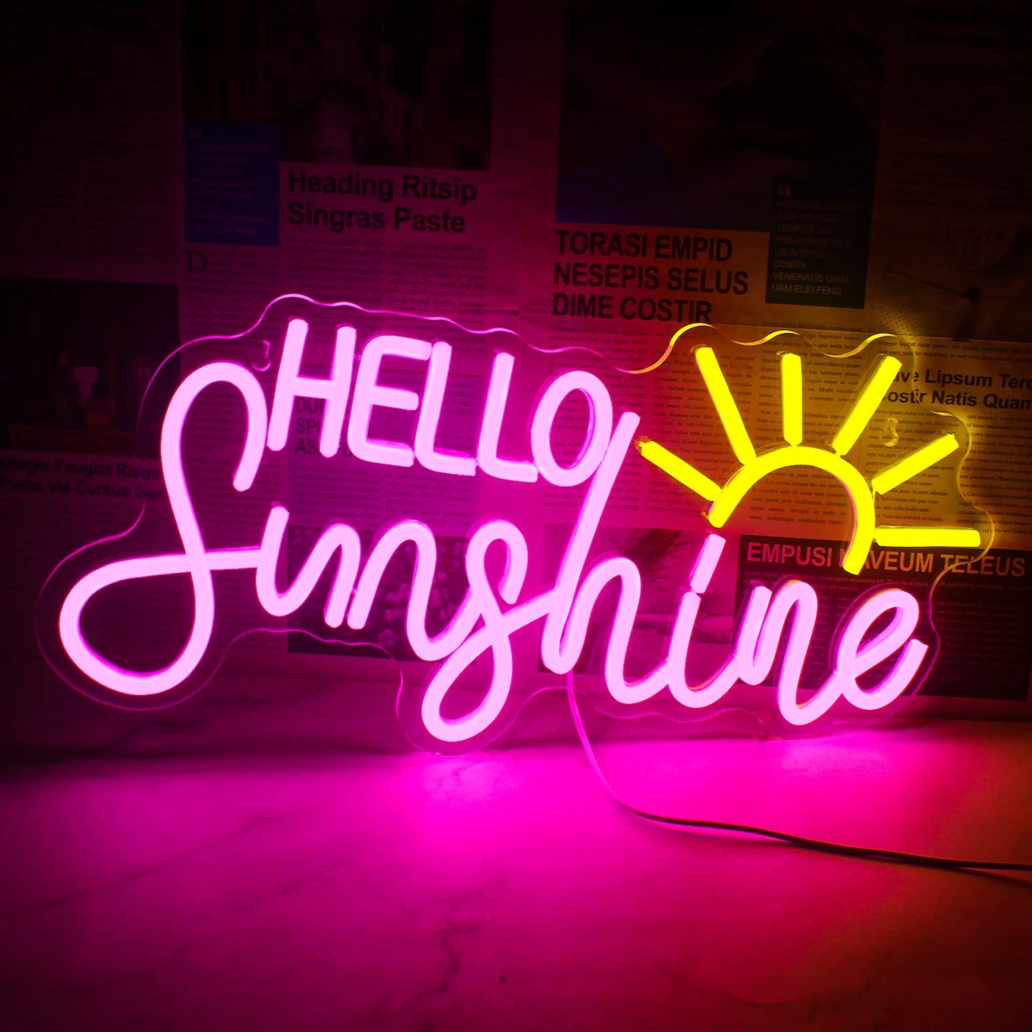 A imagem apresenta uma vibrante placa de LED neon feita à mão exibindo o texto "Hello Sunshine".