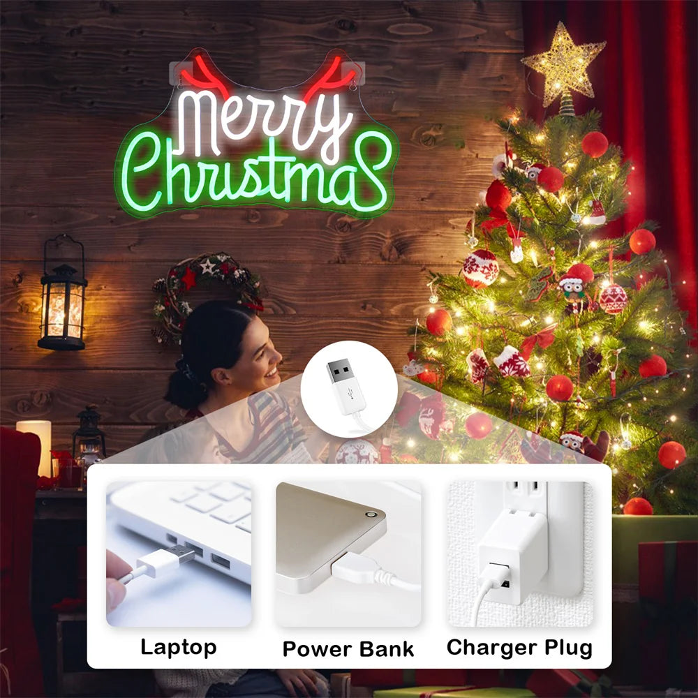 Placa de LED Verde e Vermelha "Feliz Natal" USB 5V - Econômico