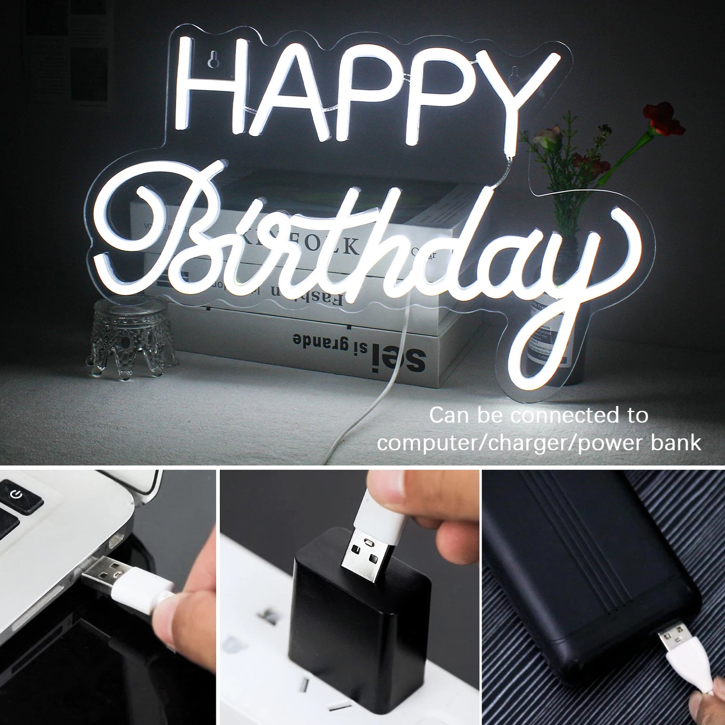 Letreiro de LED "Feliz Aniversário" 5V USB - Econômico