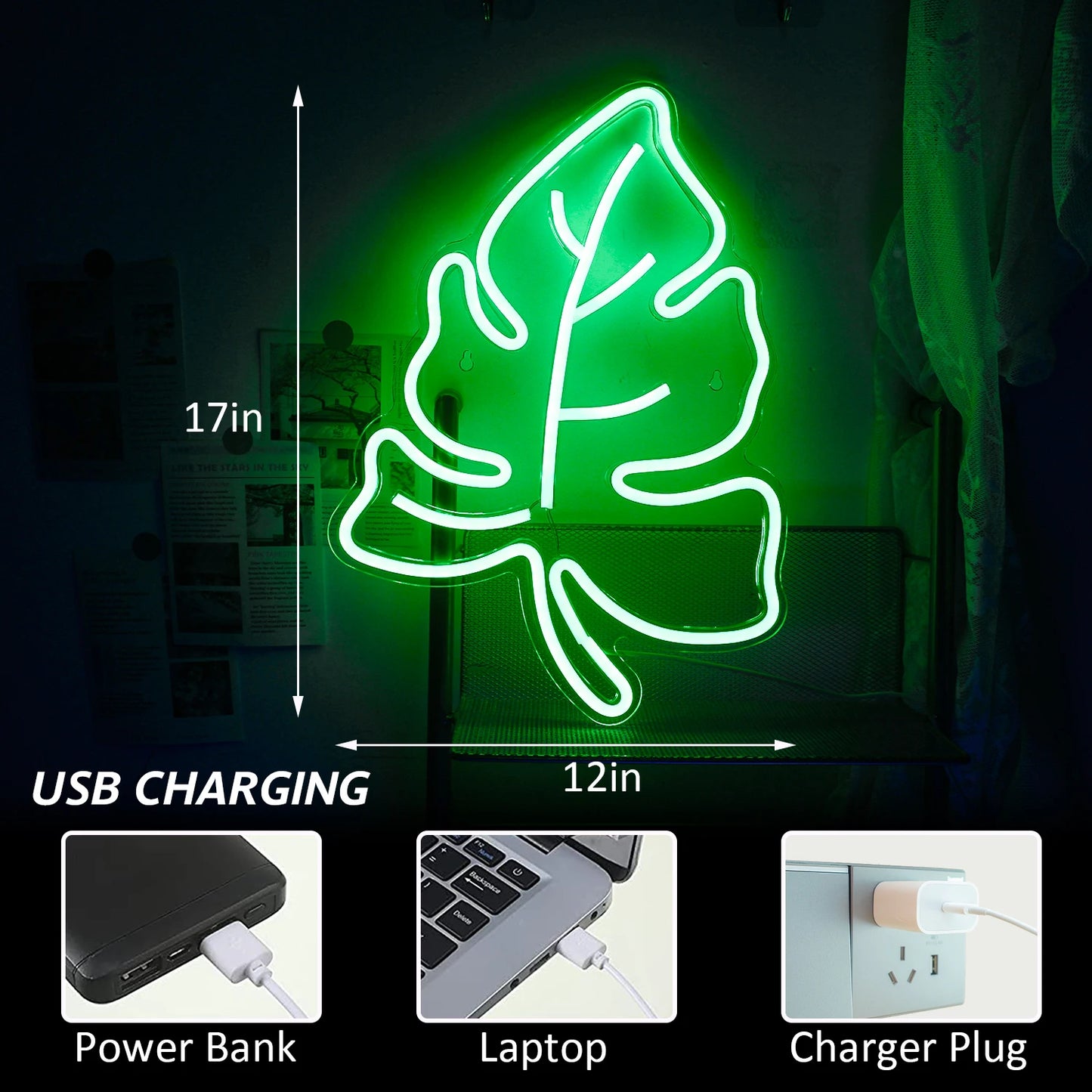 Letreiro de LED Verde em Forma de Folha 5V USB - Econômico