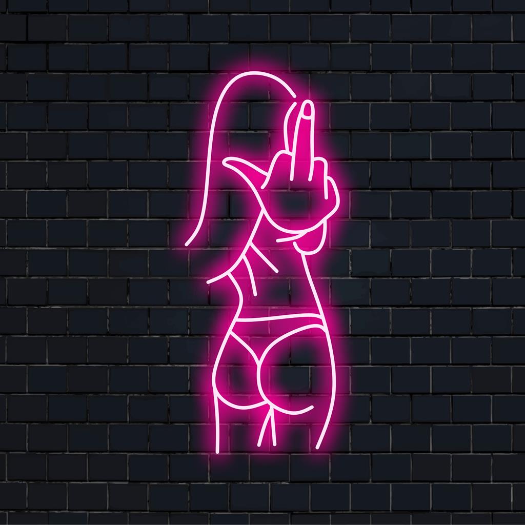 Placa de neon LED Sexy Bad Girl feita sob medida com um dedo médio em negrito, perfeita para decoração com luzes neon ousadas.