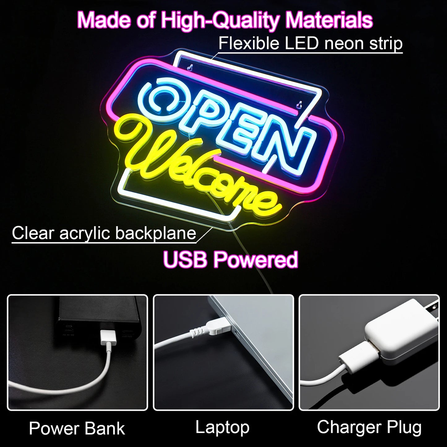Letreiro de LED "Open Welcome" 5V USB - Econômico