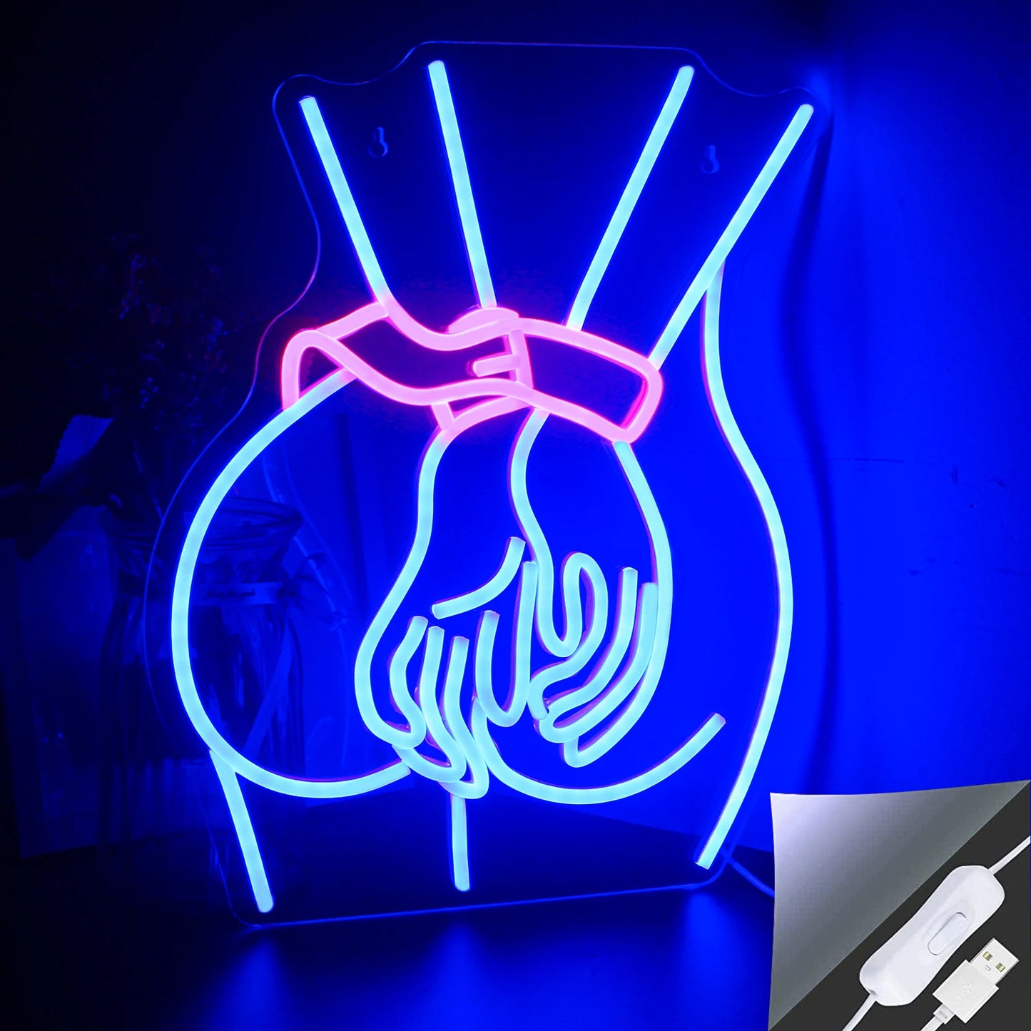 Um letreiro de LED neon vibrante representando a silhueta do corpo de uma mulher.