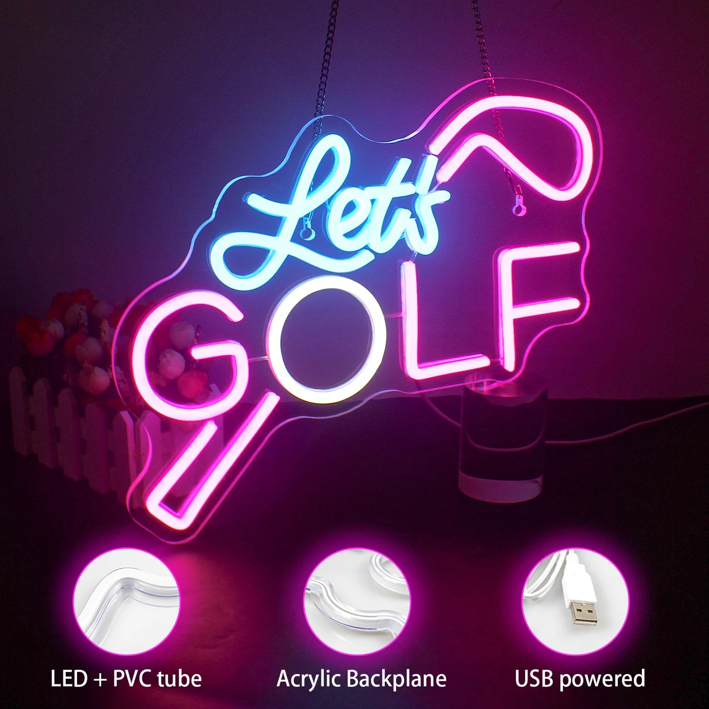 Vamos Jogar Golfe Letreiro de LED USB 5V - Econômico