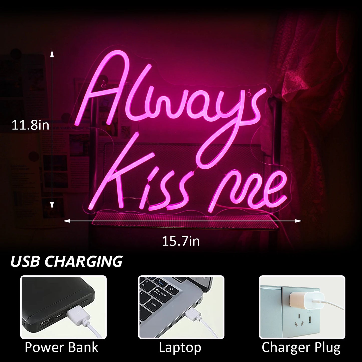 Sempre Me Beije Letreiro de LED Rosa 5V USB - Econômico