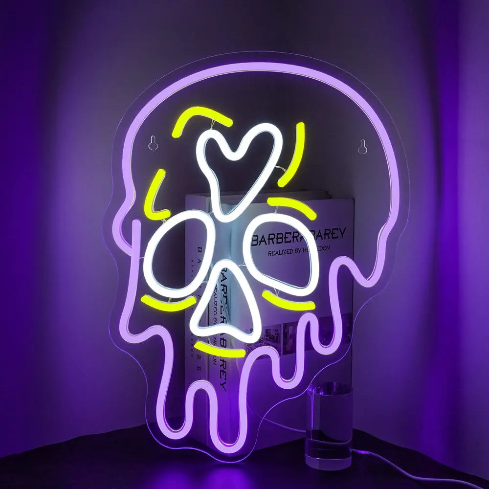 Um letreiro de LED neon vibrante em formato de esqueleto.