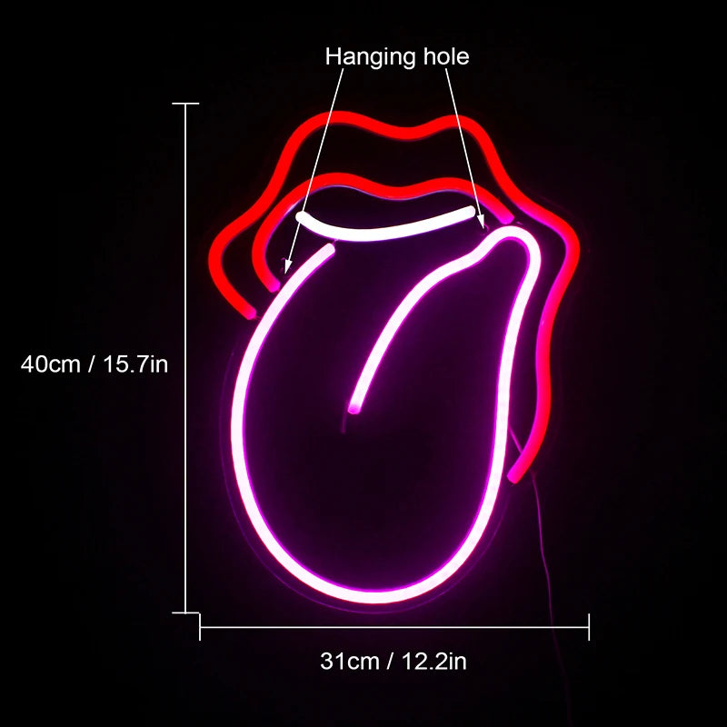 Placa de neon LED mini USB 5V com lábios vermelhos e língua grande - econômica