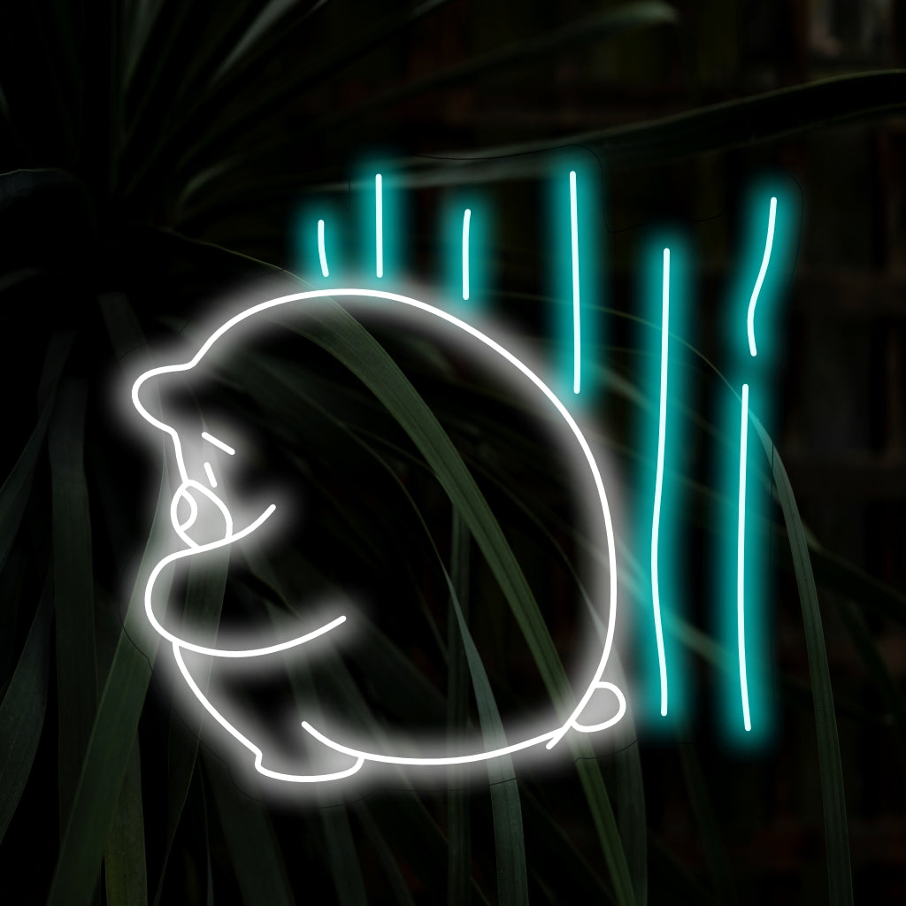 "Placa de neon com urso polar fofo e tímido sentado" acrescenta um toque adorável com sua silhueta cativante de urso polar, lançando um brilho suave para um ambiente aconchegante e charmoso em seu espaço.