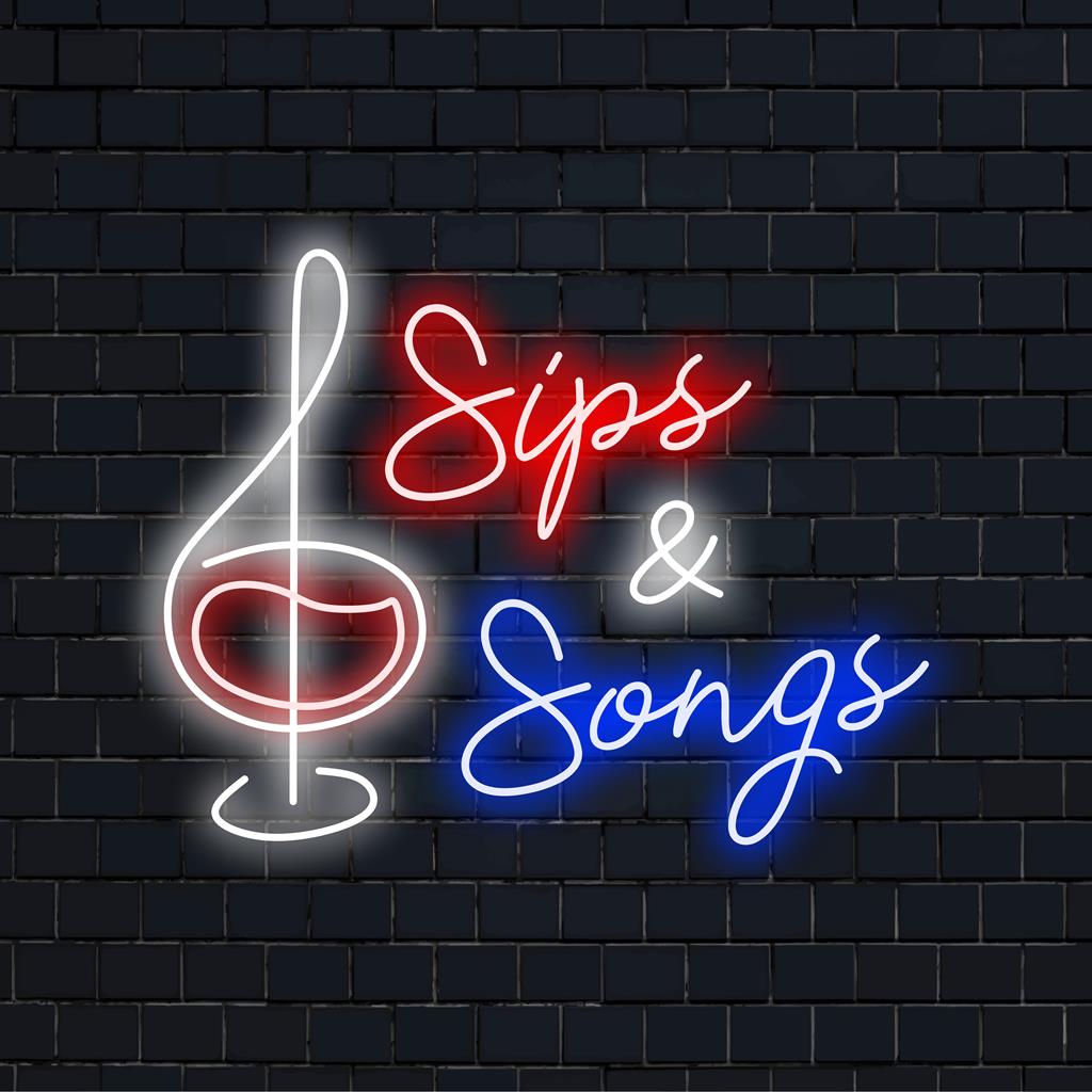 Placa de neon LED personalizada Sips and Songs, decoração de luz neon perfeita para criar uma atmosfera vibrante e animada em qualquer espaço.