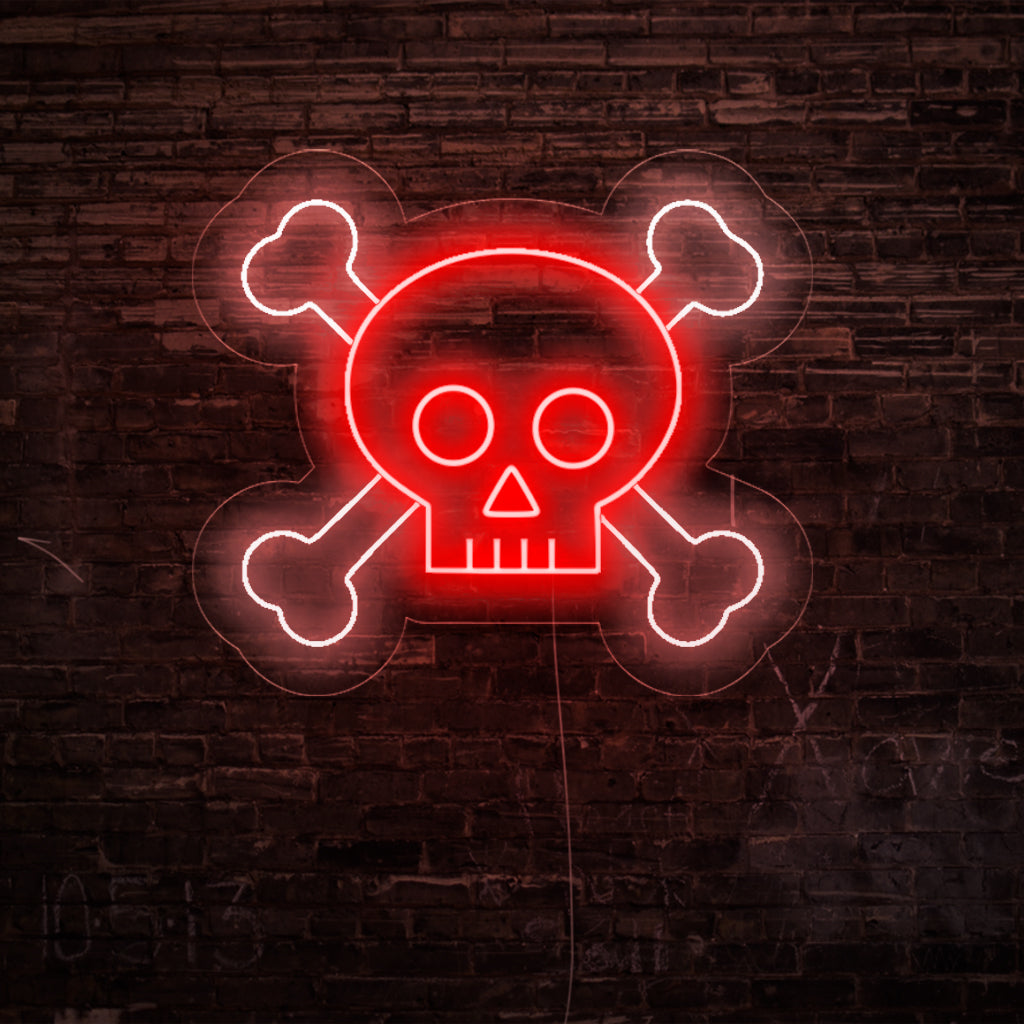 "Skull and Bones Neon Letreiro" acrescenta um toque ousado e ousado com suas imagens icônicas, lançando um brilho poderoso para um ambiente rebelde e dramático em seu espaço.