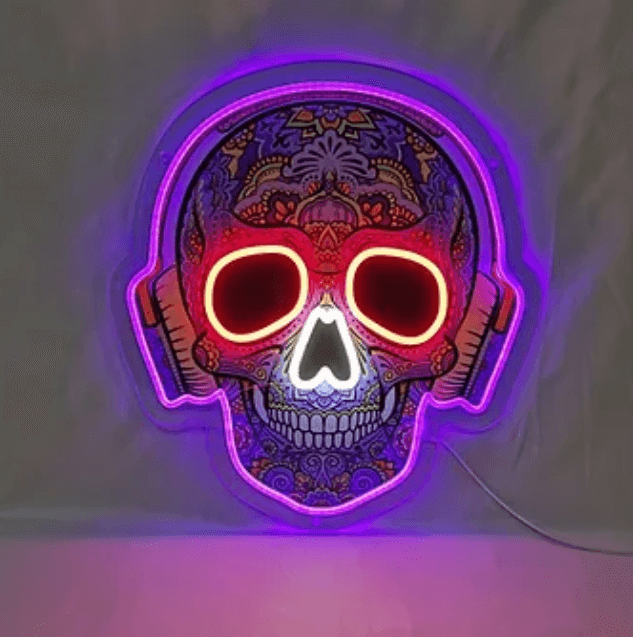 Letreiro de neon LED com impressão UV e caveira com fones de ouvido - The Art Neon