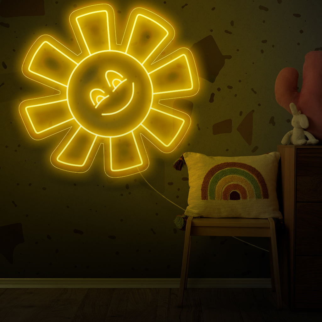 Uma placa de neon Smiling Sun, exalando vibrações brilhantes e felizes, trazendo um charme vibrante e iluminado a qualquer espaço.