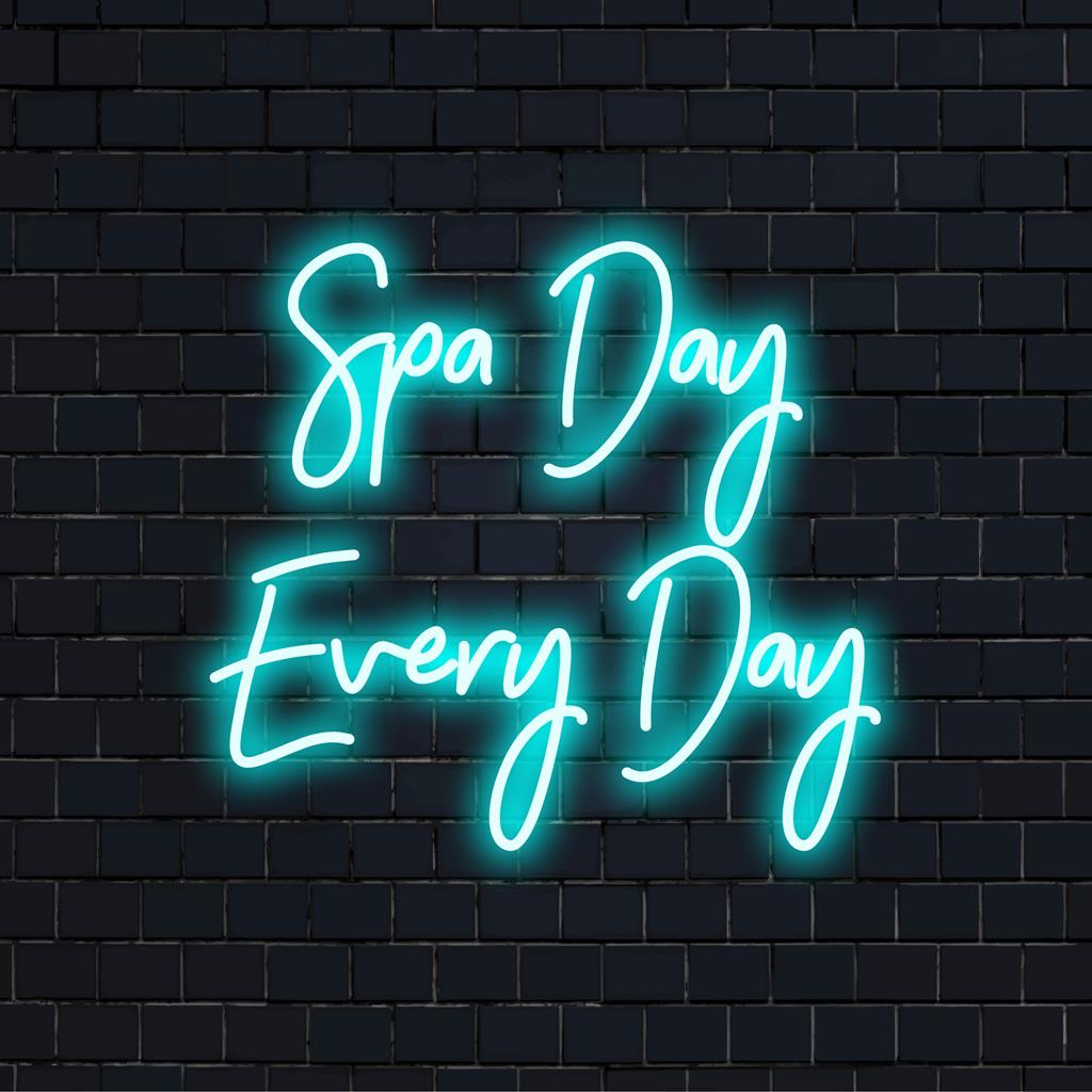 Letreiro de LED neon personalizado com a inscrição "Spa Day Every Day", perfeito para um ambiente relaxante. Arte de parede neon, decoração neon personalizada.
