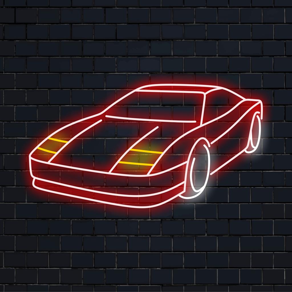 Placa de LED neon elegante de um carro esportivo, decoração de luz neon ideal para entusiastas automotivos e espaços personalizados.