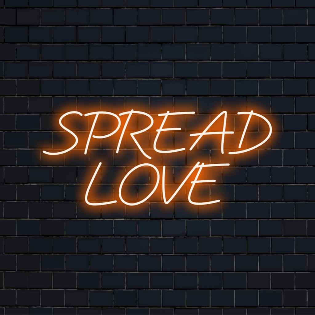 Placa de LED neon personalizada e personalizada com a frase "Spread Love" brilhando intensamente, perfeita para decoração e ambiente com luz neon.