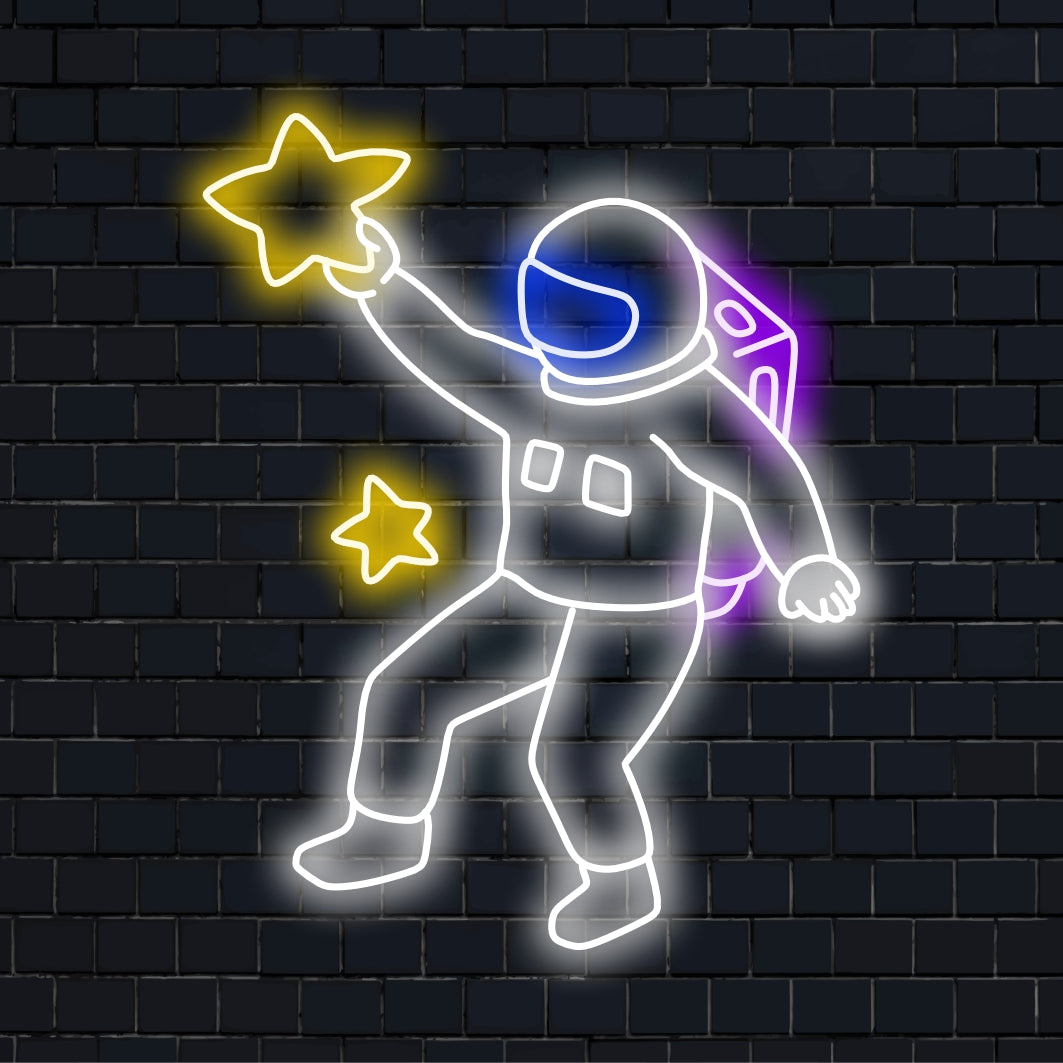 Um letreiro de neon iluminado com um astronauta segurando uma estrela, simbolizando a exploração e a maravilha do espaço