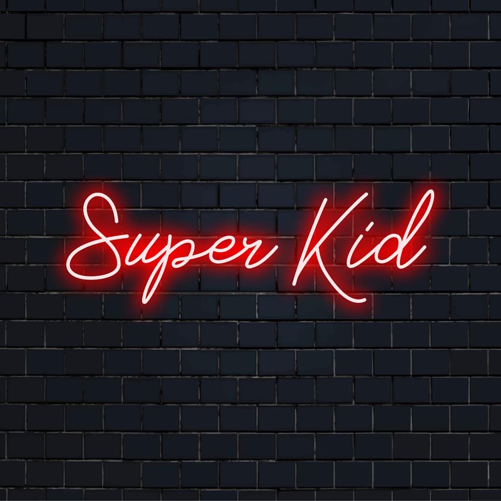 Placa de neon LED vibrante e divertida com texto "Super Kid", decoração neon personalizada perfeita para o quarto de uma criança ou área de recreação.