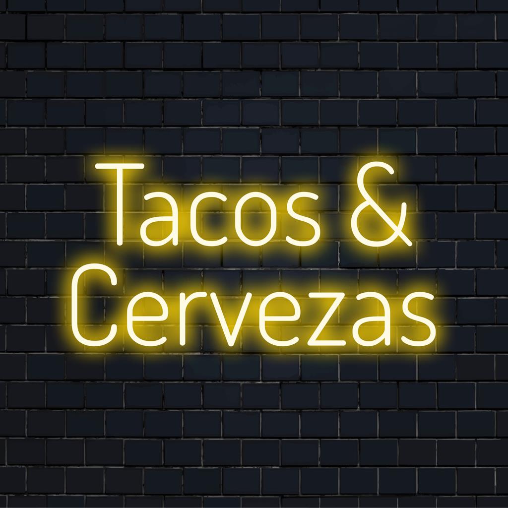 Placa de LED neon para Tacos e Cervejas brilhando em cores vibrantes, perfeita para decoração animada, peça de arte neon personalizada para entusiastas.