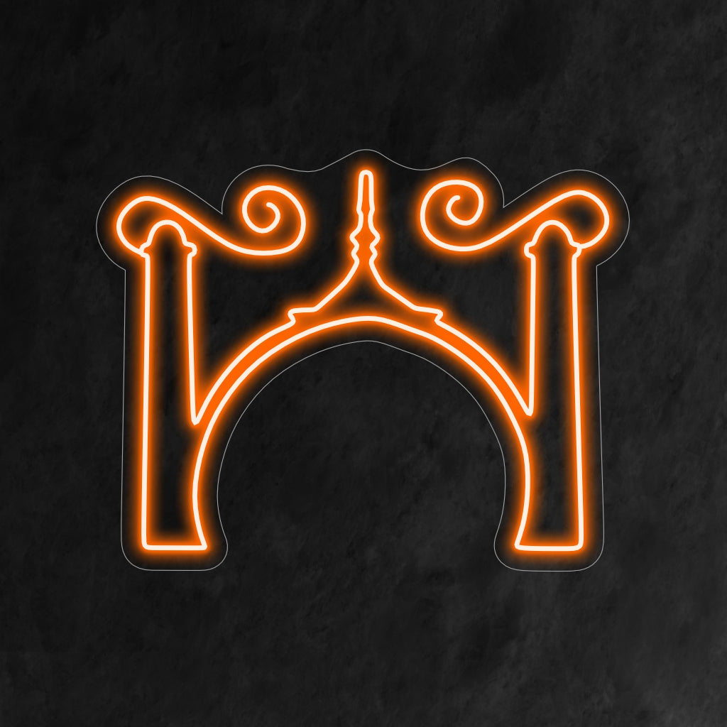 "Taj Mahal Neon Letreiro" acrescenta uma grandiosidade exótica com seu design icônico, lançando um brilho cativante que evoca a beleza deste monumento histórico em seu espaço.