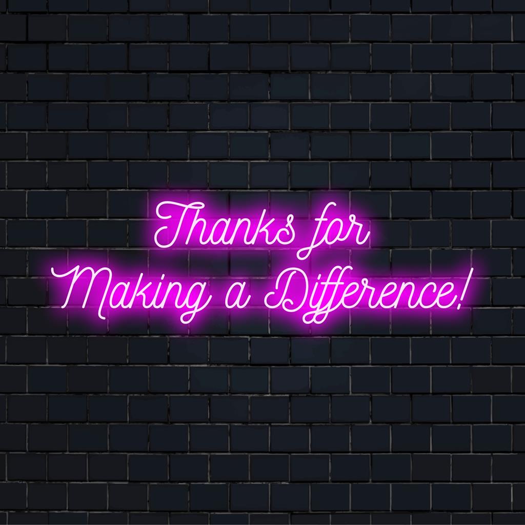 Placa de neon vibrante e personalizada com a frase "Obrigado por fazer a diferença!", decoração de LED ideal para residências, escritórios e eventos.