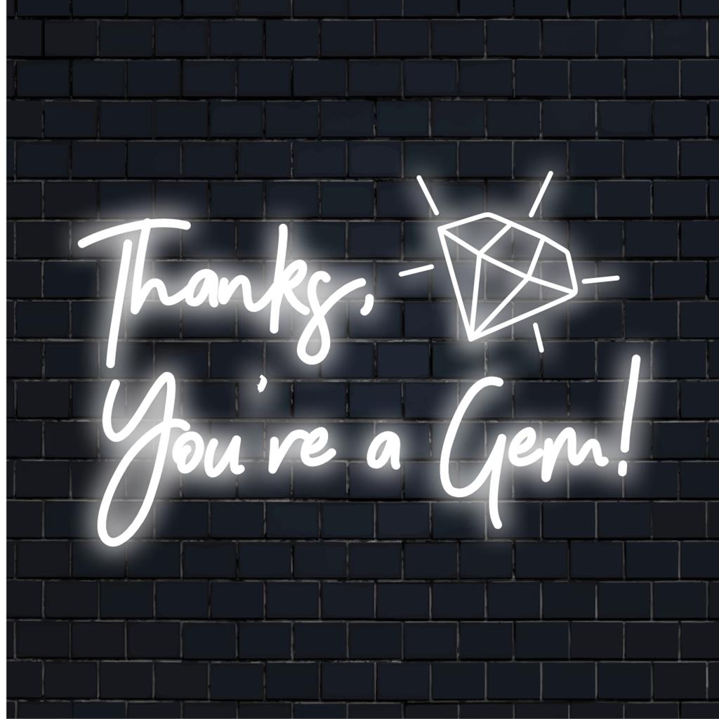 Design de letreiro de LED neon personalizado "Thanks You're A Gem!", decoração de luz neon vibrante com arte de texto neon personalizada.