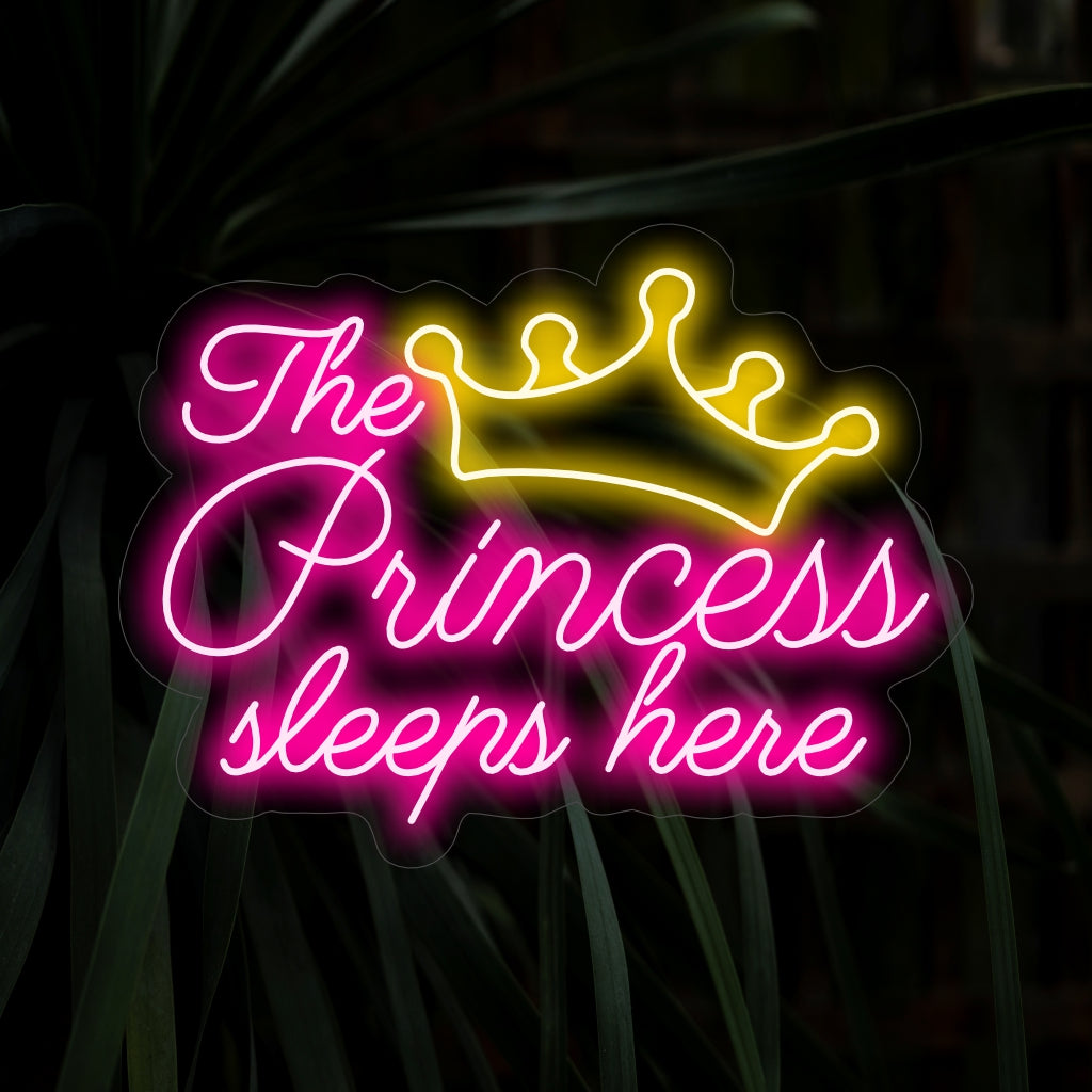"O letreiro de neon "A Princesa Dorme Aqui" é uma proclamação encantadora com um brilho suave, criando uma atmosfera encantadora digna da realeza.