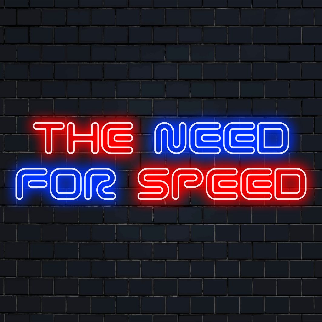 Placa de neon LED personalizada que lembra o logotipo do Need For Speed; arte de parede neon dinâmica ideal para entusiastas automotivos.