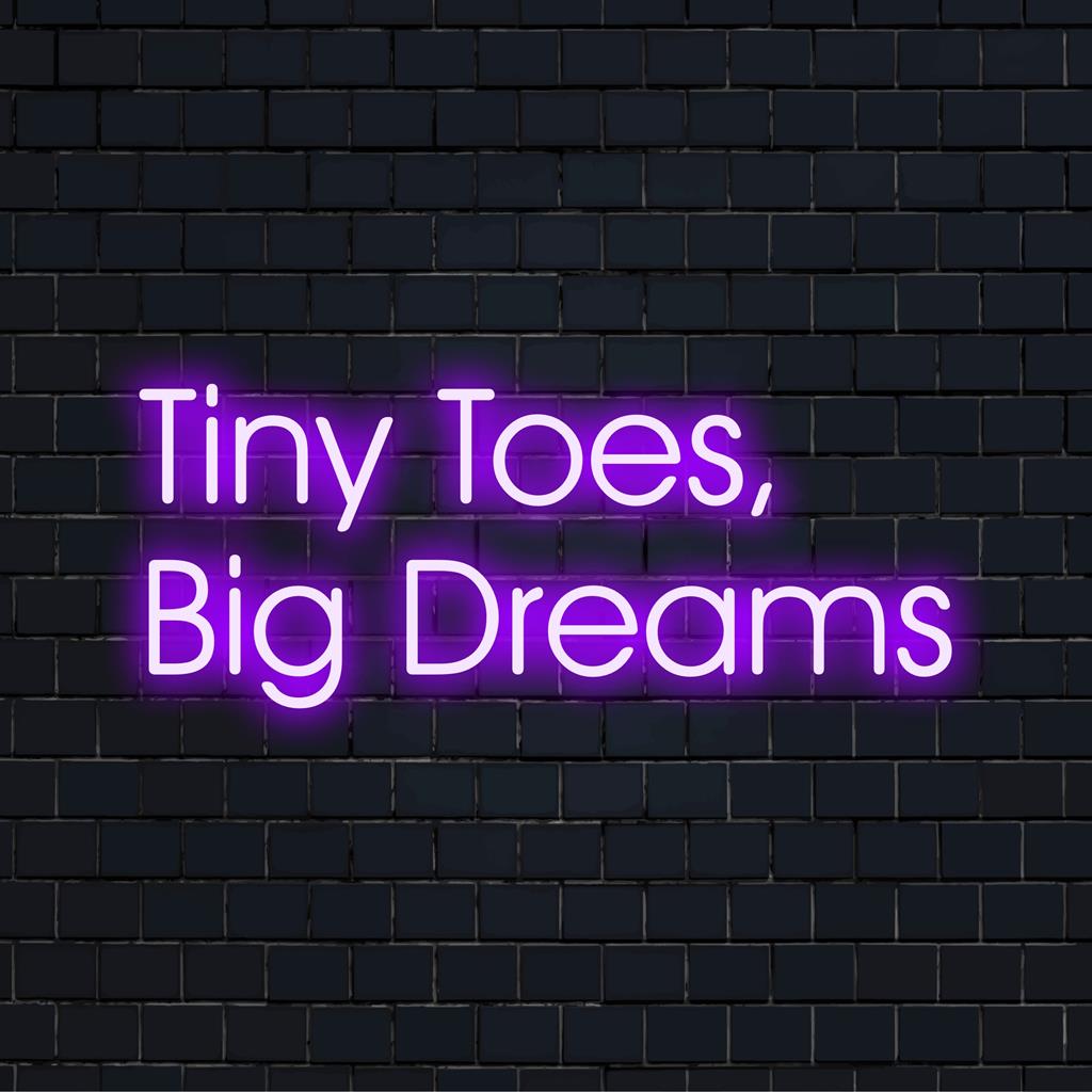 Placa de neon LED vibrante e personalizada com a frase "Tint Toes, Big Dreams", perfeita como decoração neon personalizada.
