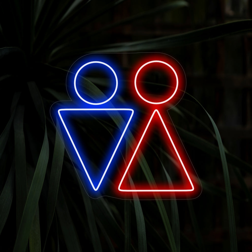 "Placa de neon triangular com símbolo de homem e mulher no banheiro" apresenta símbolos brilhantes e universais para fácil identificação do banheiro.