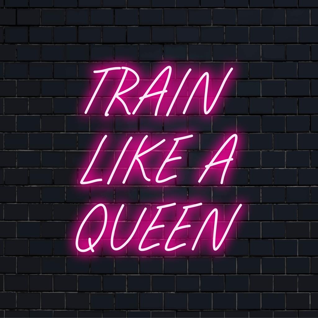 Placa de neon LED personalizada com os dizeres "Traine Like A Queen", perfeita para decoração motivacional em neon e espaços fitness inspiradores.