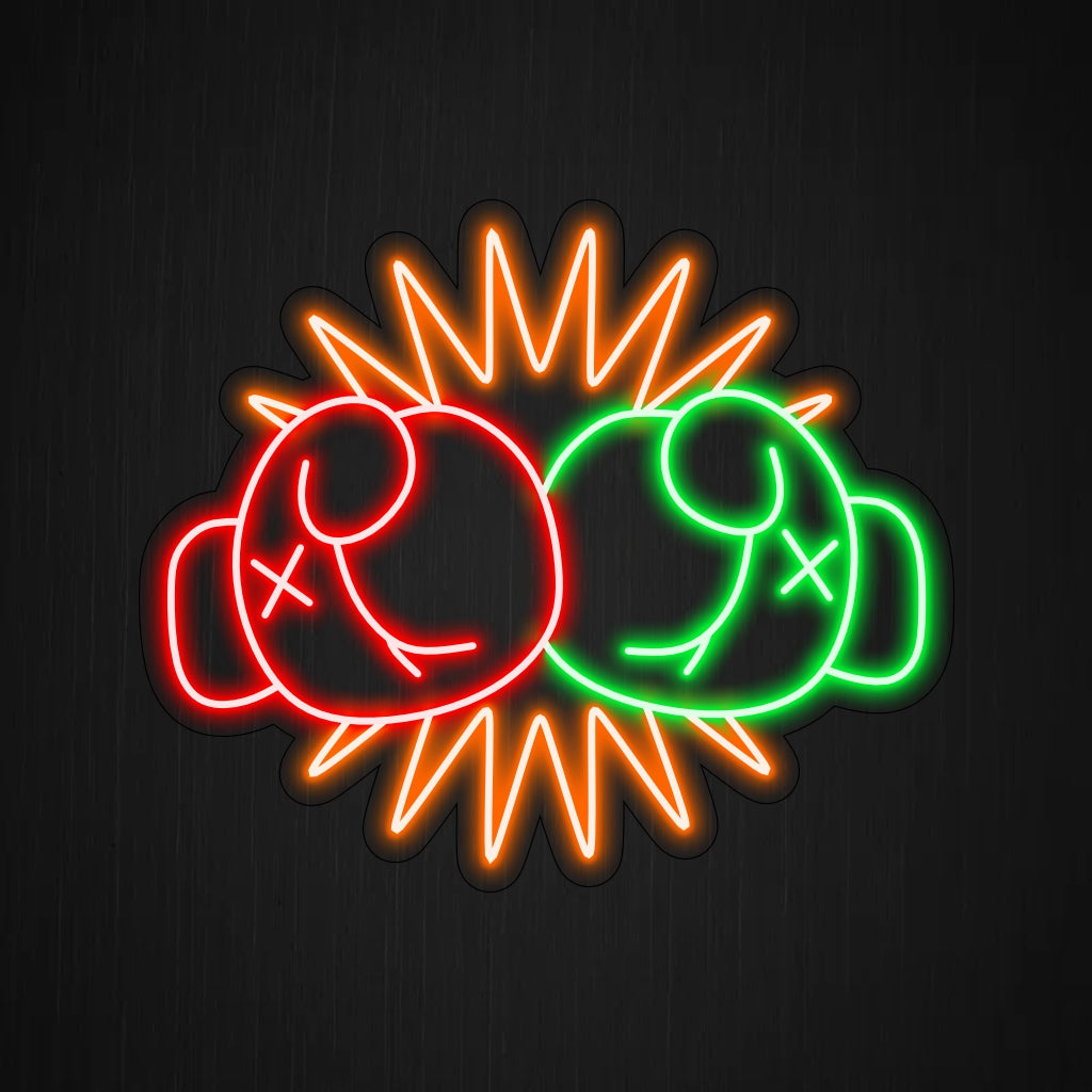 O letreiro de neon "Duas mãos com luvas de boxe batendo uma na outra" acrescenta intensidade com seu design dinâmico, lançando um brilho energético que celebra a paixão e a ação do boxe no seu espaço.